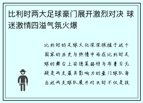 比利时两大足球豪门展开激烈对决 球迷激情四溢气氛火爆