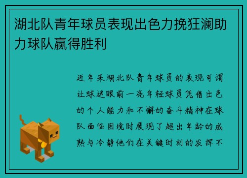 湖北队青年球员表现出色力挽狂澜助力球队赢得胜利